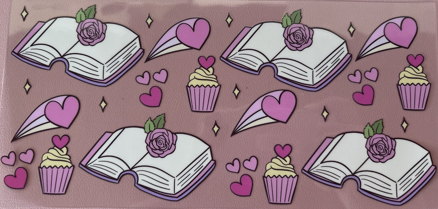 reading and books uv dtf wrap hearts cupcakes