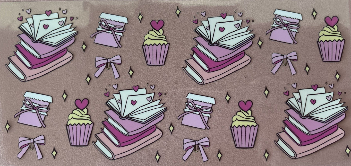 reading books uv dtf wrap hearts floral bows