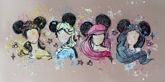 Colorful princess design of stylized faces dtf transfer tshirt tote