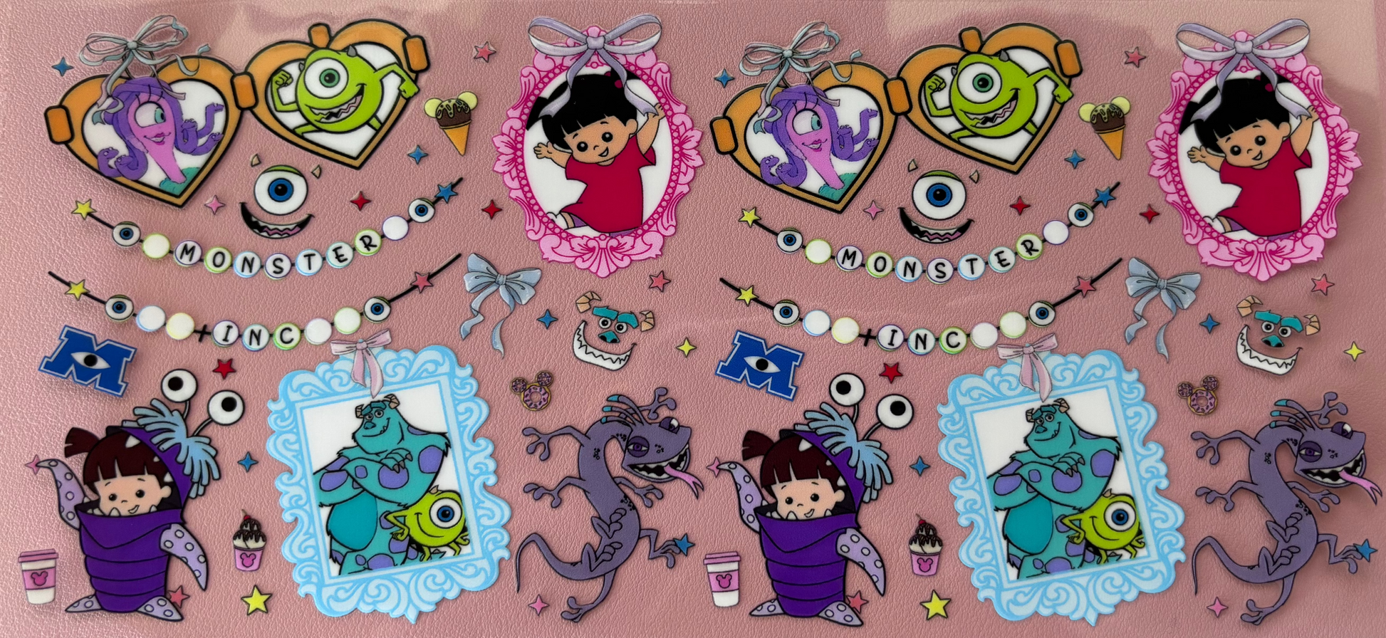 UV DTF wrap monsters characters bows hearts stars