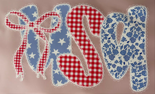 Decorative dtf transfer with red, white, and blue patterns USA