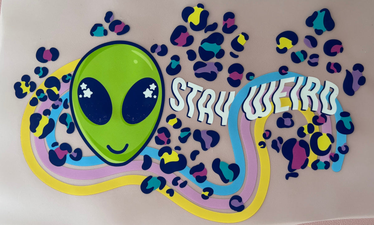 Colorful vinyl decal with a cartoon character on a pink background, cheetah print alien stay weird