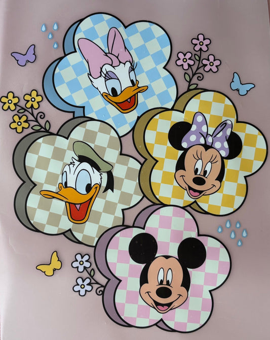Cartoon characters mouse duck checkered floral dtf transfer