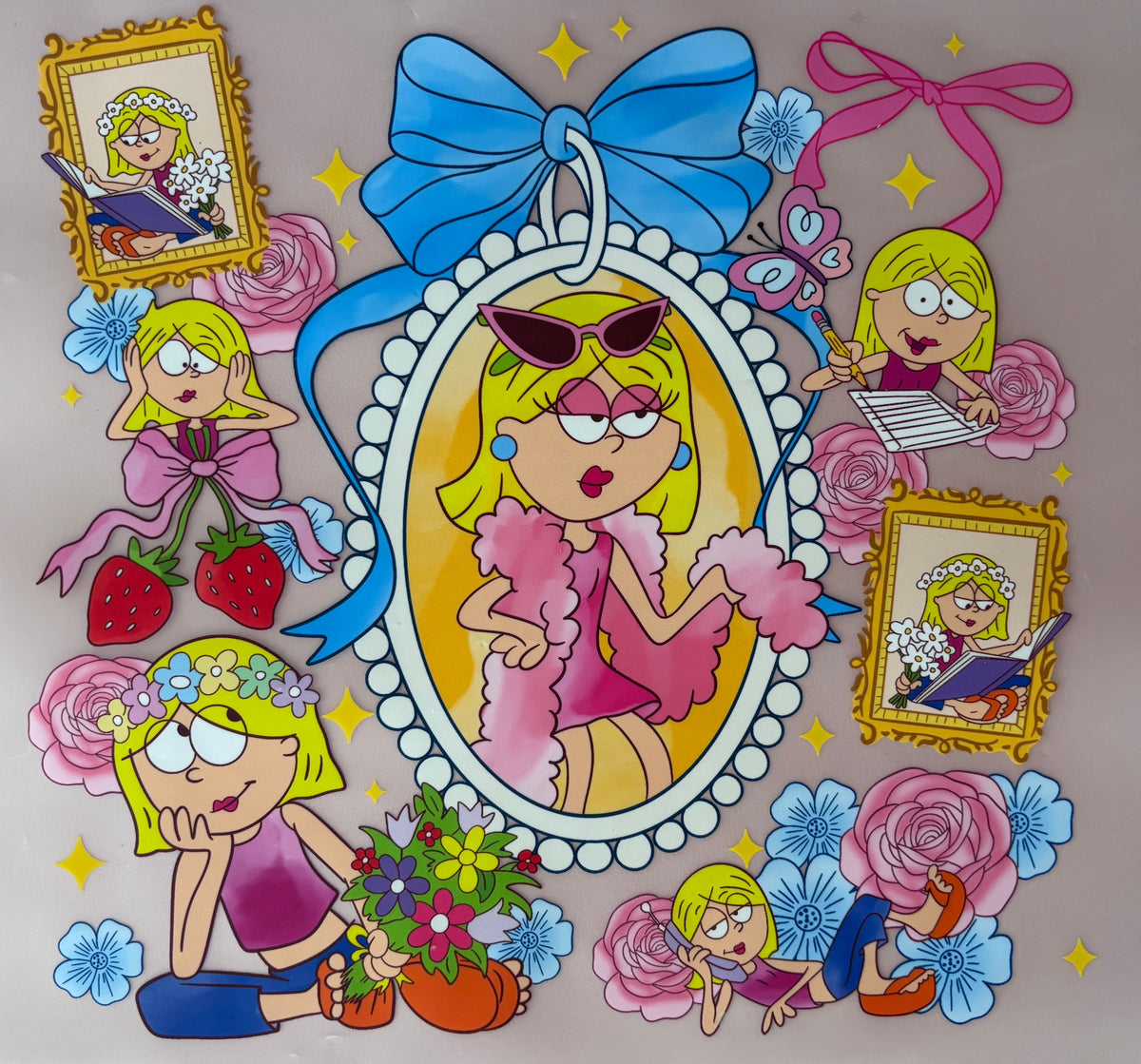 Colorful cartoon-style illustration of a girl with a blue bow, surrounded by flowers and smaller scenes dtf wrap character lizzy cartoon