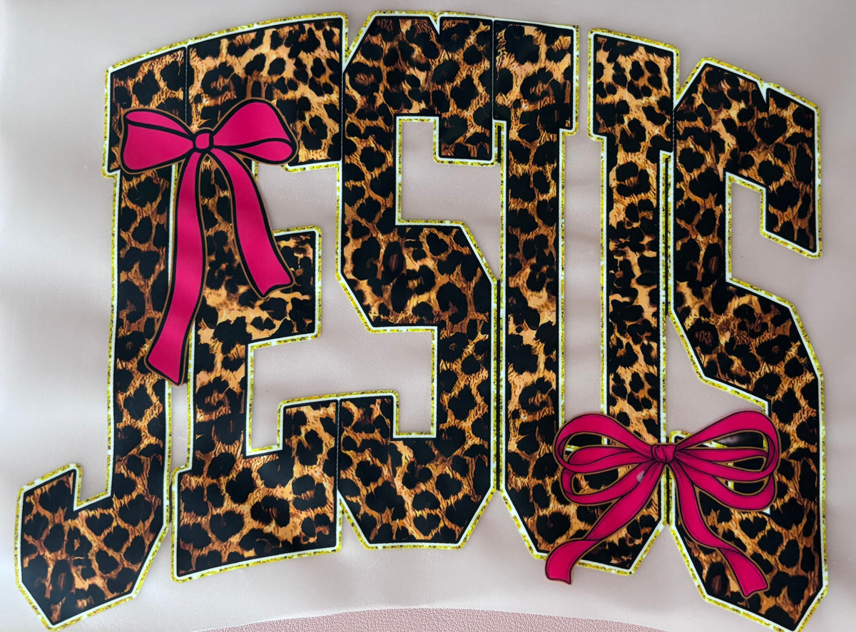Leopard print letters with pink bows faith dtf transfer
