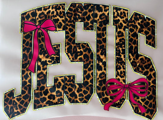 Leopard print letters with pink bows faith dtf transfer