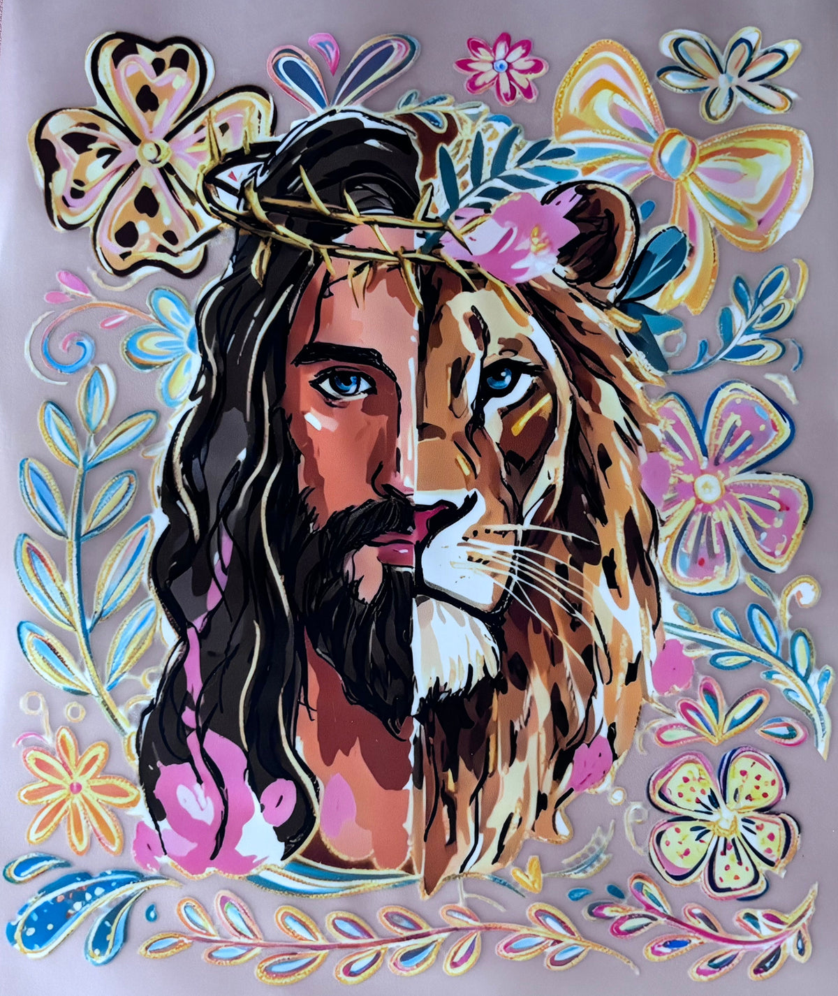 Colorful illustration of a lion and jesus with floral designs on dtf transfer for tshirt and tote