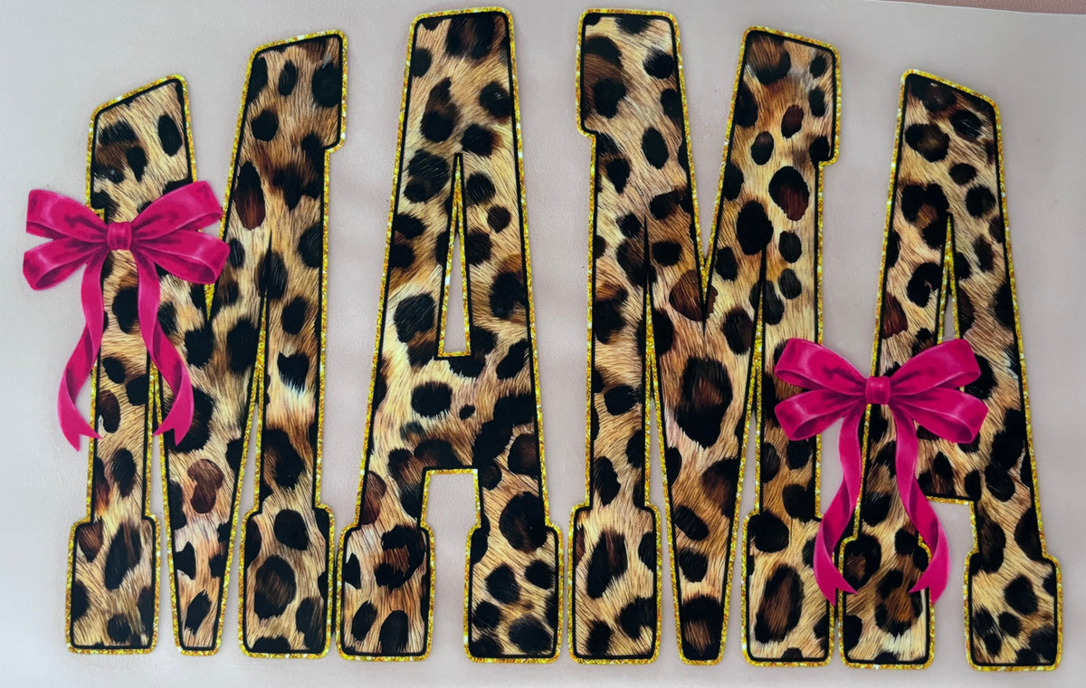 Leopard print mama dtf transfer with pink ribbons tshirt tote design