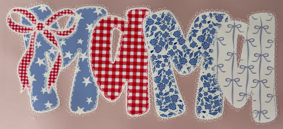 Decorative dtf transfer mama cutout with blue, red, and white patterns 4th of july america