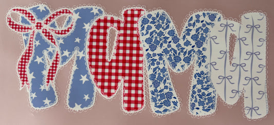 Decorative dtf transfer mama cutout with blue, red, and white patterns 4th of july america