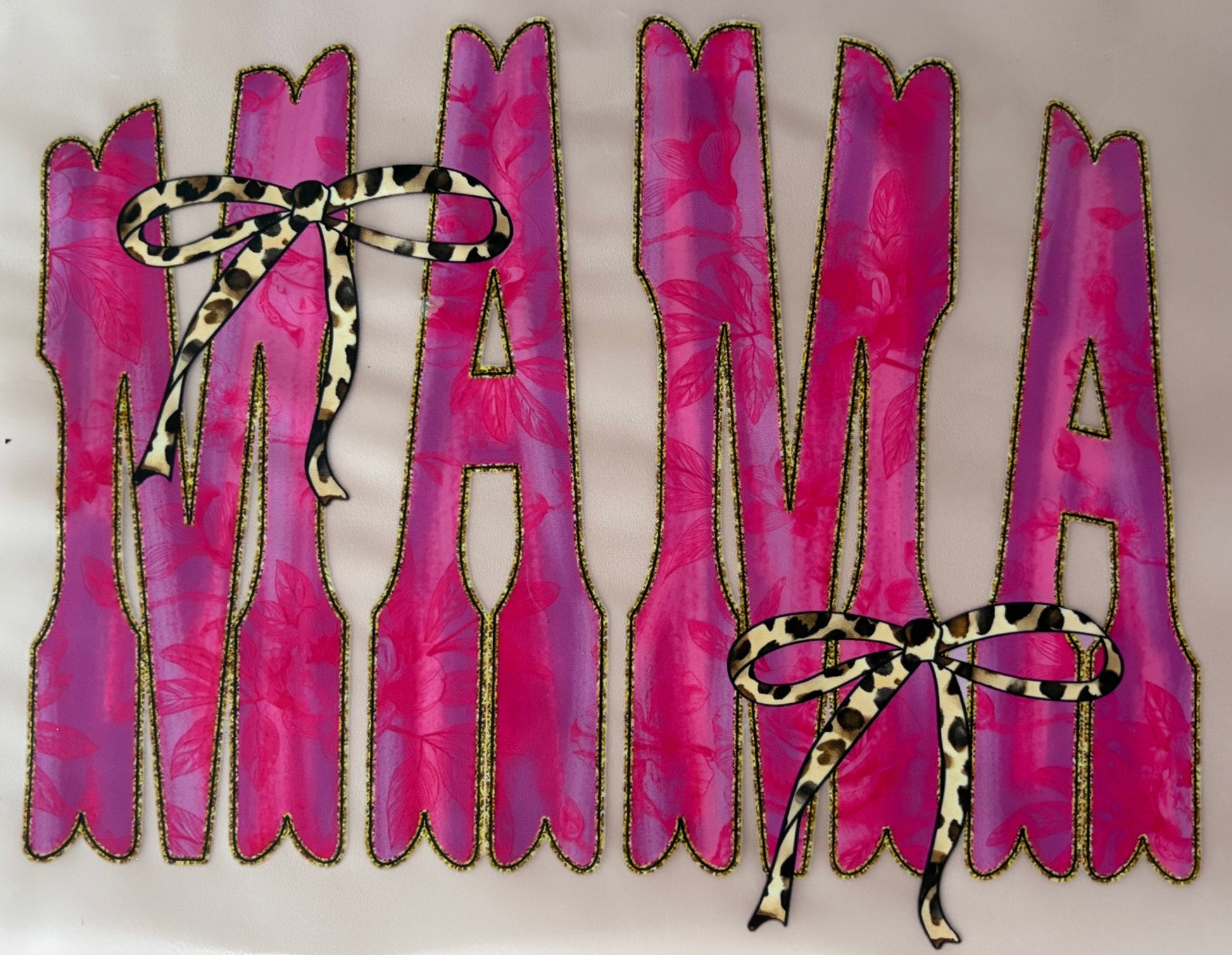 Pink 'MAMA' decal with leopard print ribbons dtf transfer tshirt