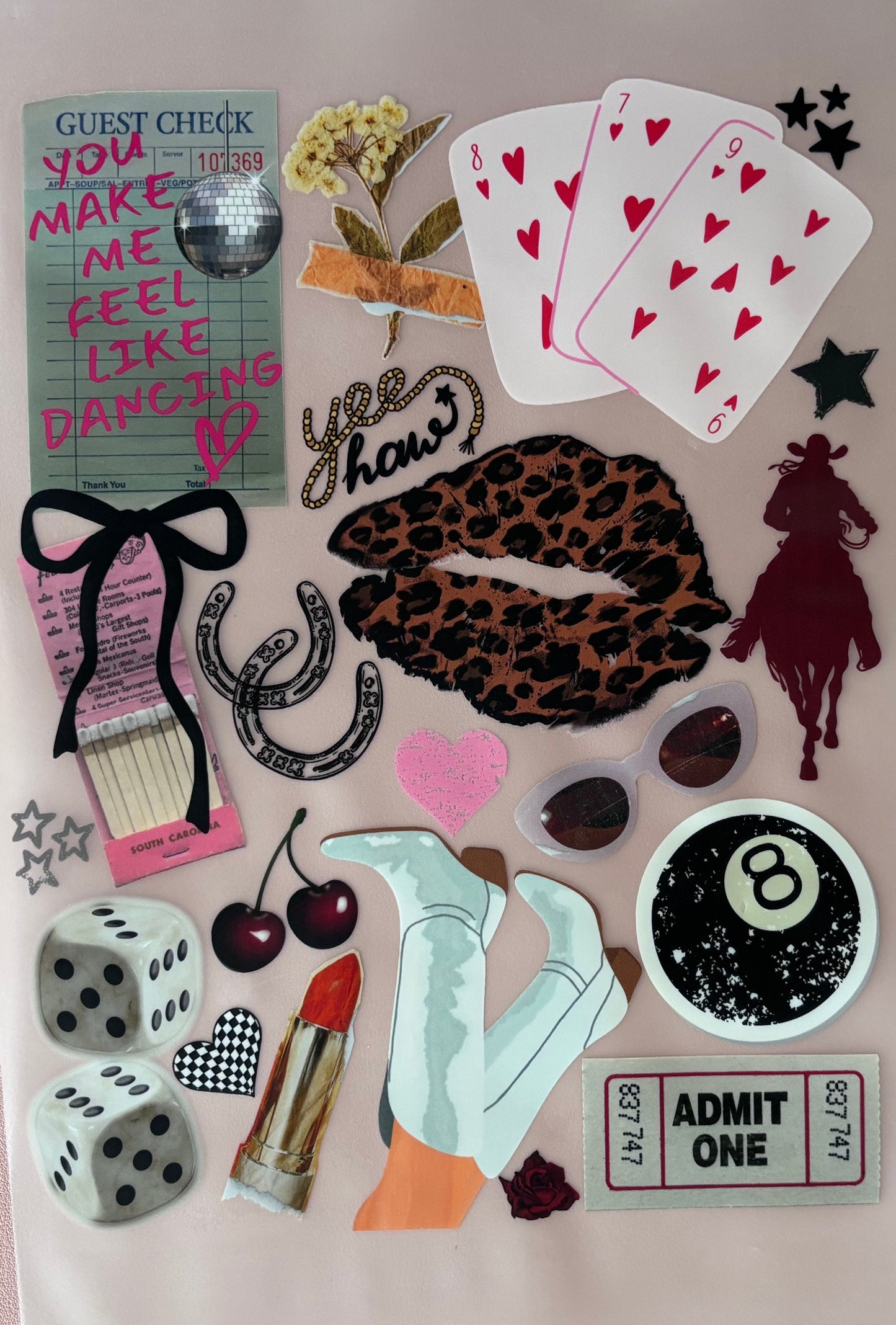 western themed dtf transfer with leopard hearts, cowgirl boots, cards, horseshoe