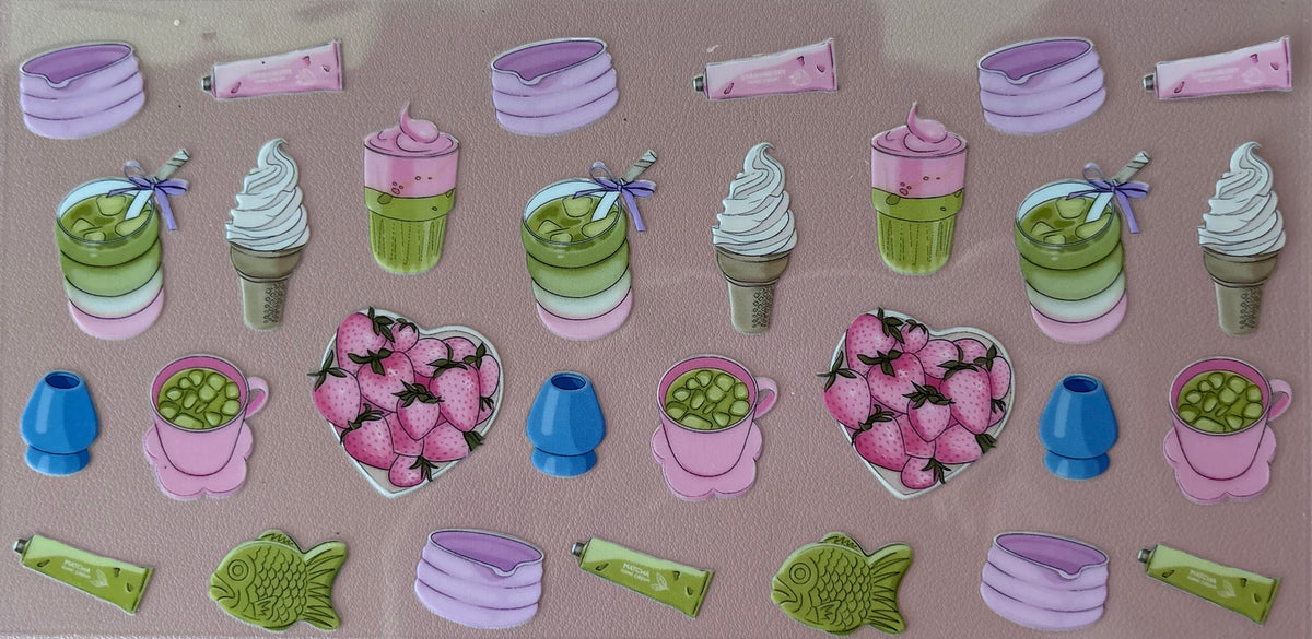 Sheet of colorful food-themed uv dtf wrap matcha tea latte pink green purple strawberries