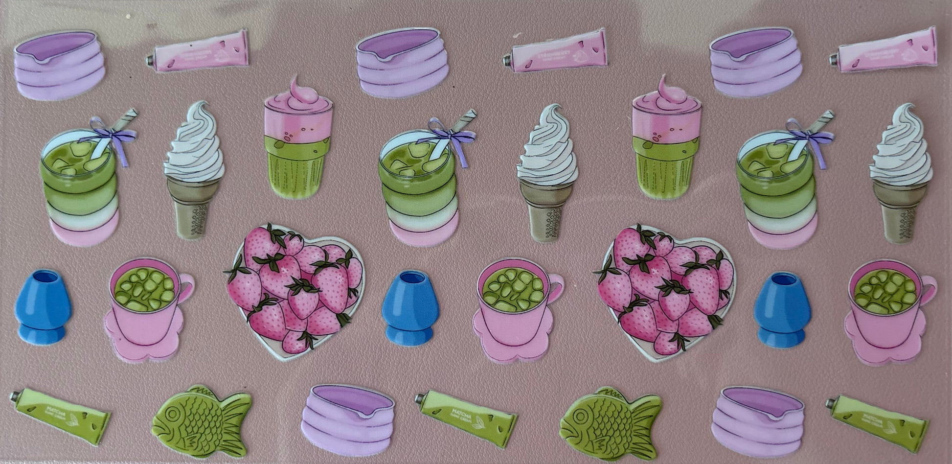 Sheet of colorful food-themed uv dtf wrap matcha tea latte pink green purple strawberries