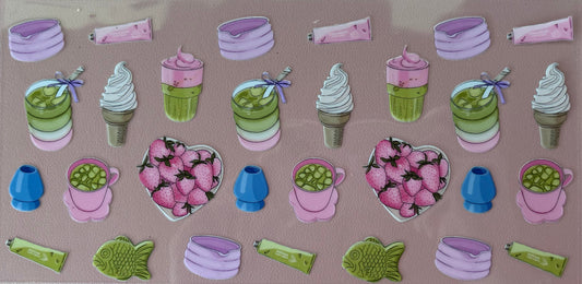 Sheet of colorful food-themed uv dtf wrap matcha tea latte pink green purple strawberries