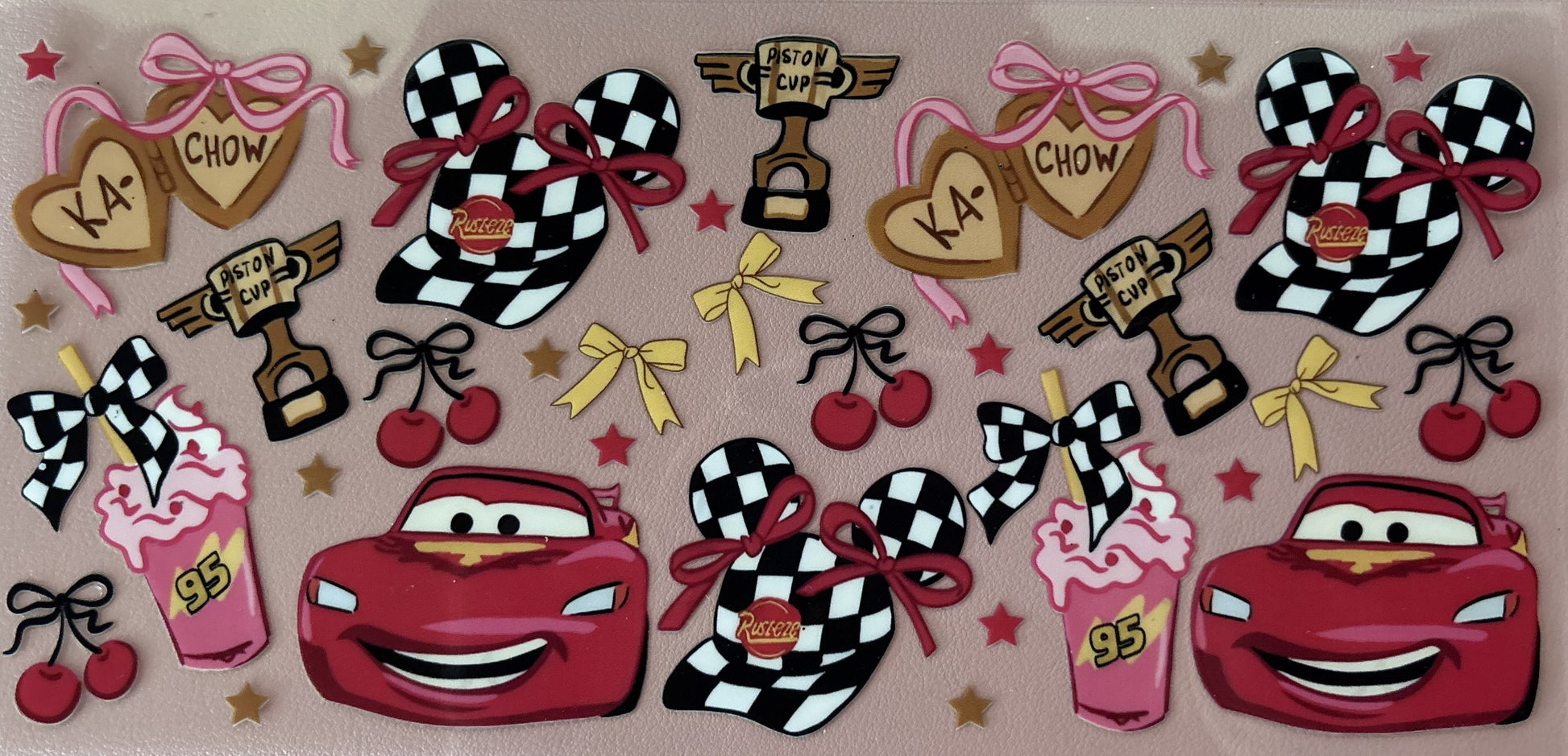 cars racecar bows cherries uv dtf wrap