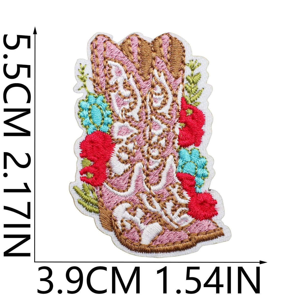 Embroidered patch of a cowboy boot with flowers, shown with measurements on a white background western cowgirl 