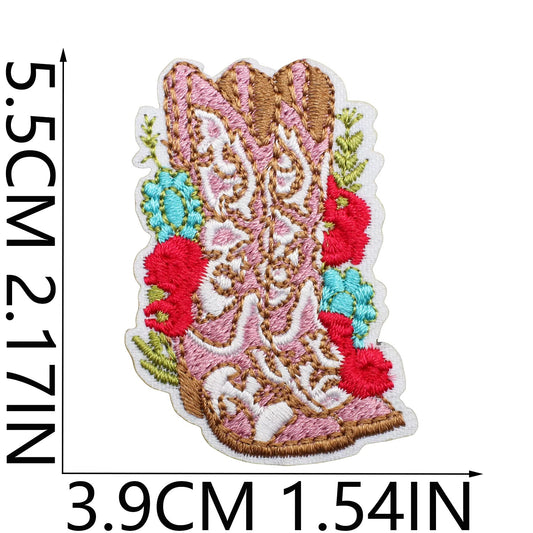 Embroidered patch of a cowboy boot with flowers, shown with measurements on a white background western cowgirl 