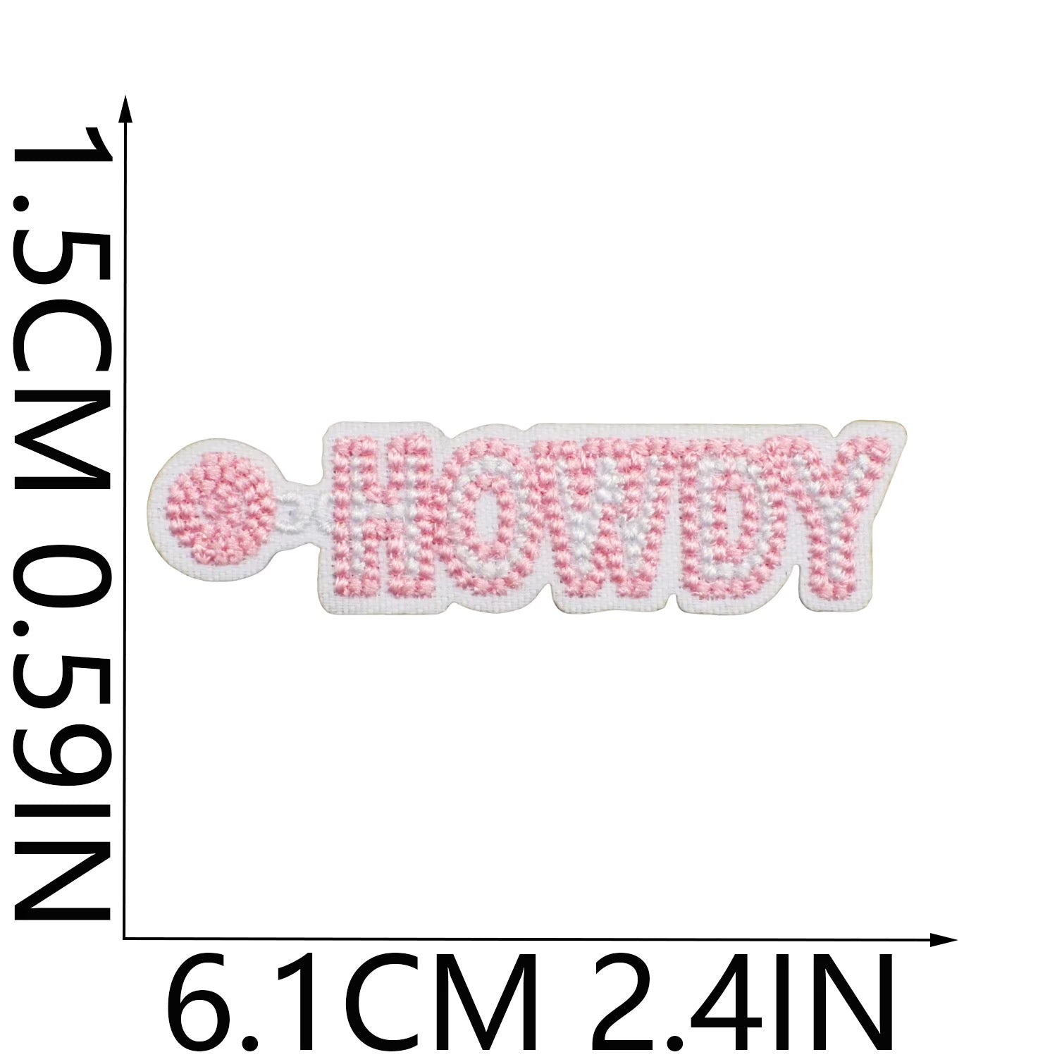 Pink 'HOWDY' patch with measurements on a white background for hats and totes