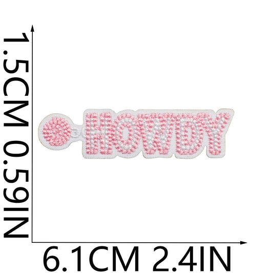 Pink 'HOWDY' patch with measurements on a white background for hats and totes