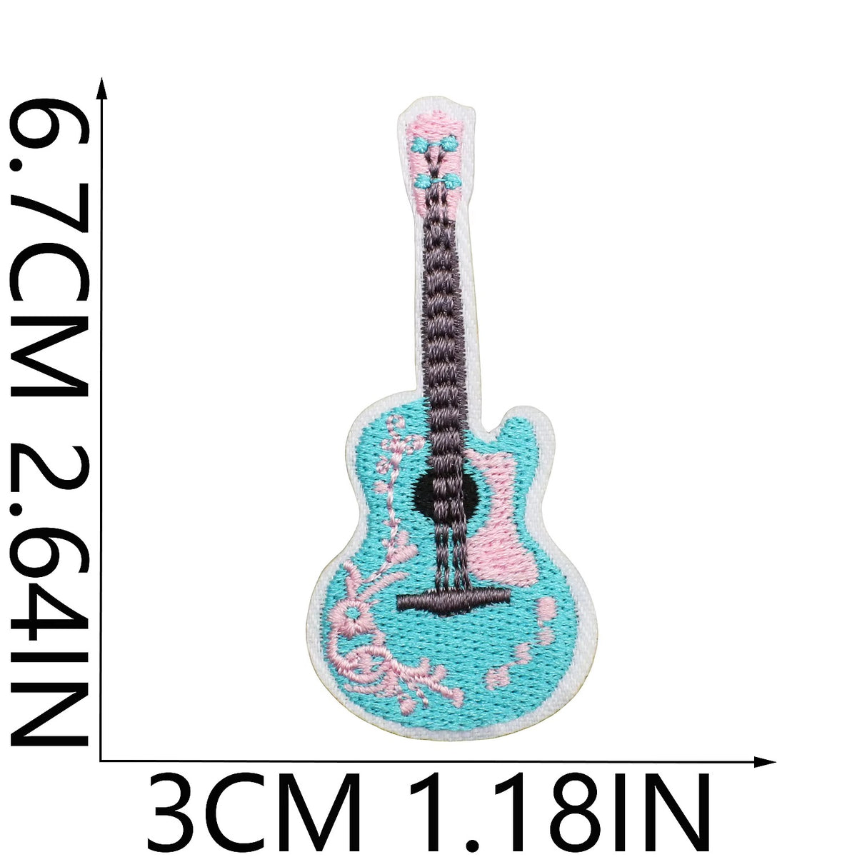Embroidered guitar patch with dimensions indicated on a white background