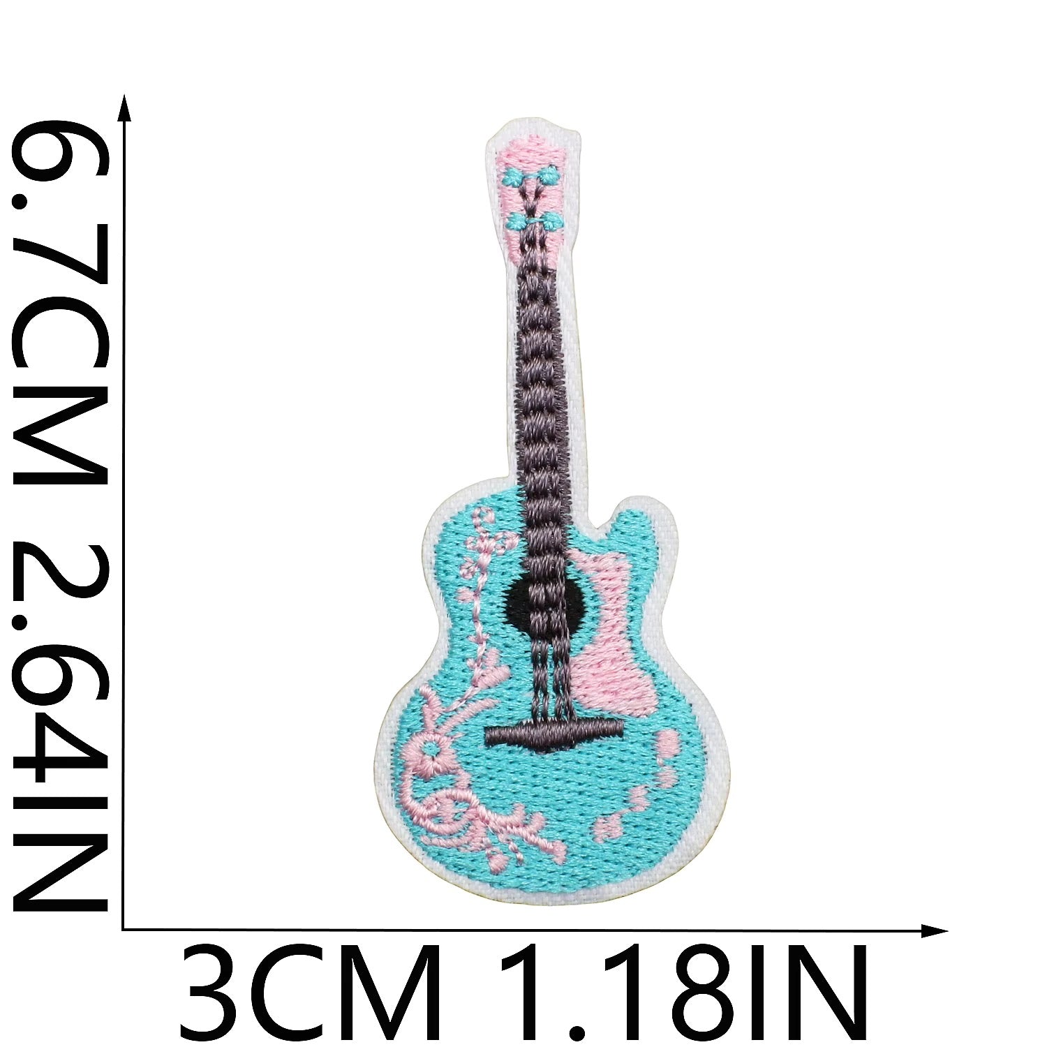 Embroidered guitar patch with dimensions indicated on a white background