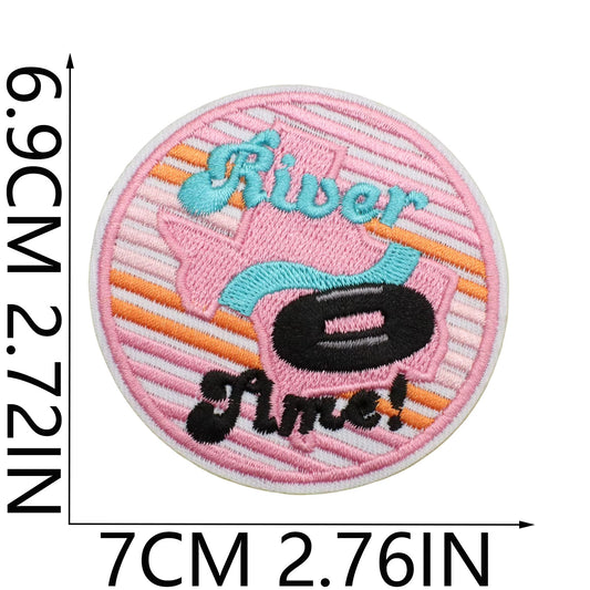 Circular patch with 'River' and 'River ' text, pink border, and measurements on a white background hat tote 