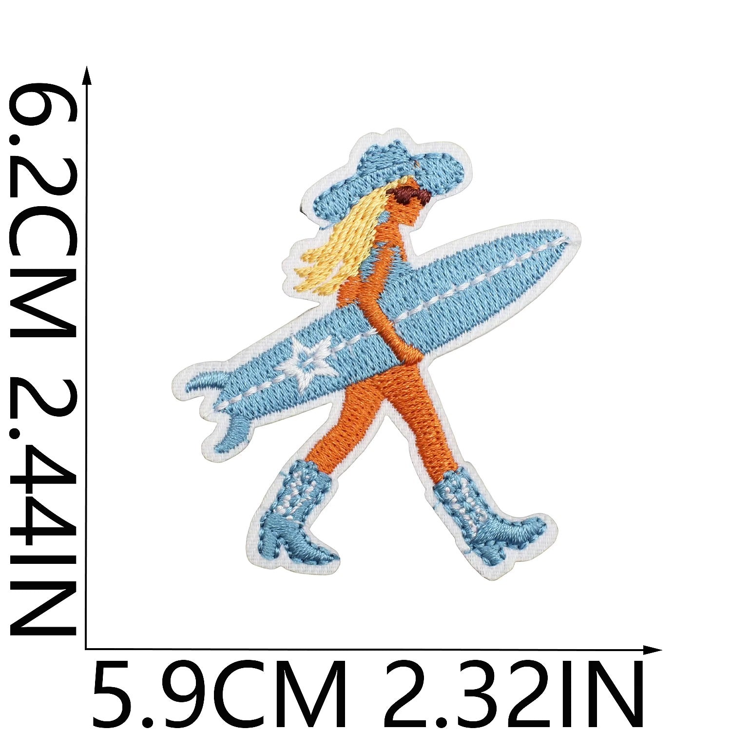 Embroidered patch of a cowgirl western surfer girl with measurements on a white background cowgirl coastal