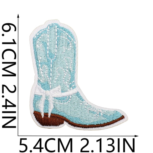 Blue embroidered cowboy boot patch with measurements on a white background coastal cowgirl