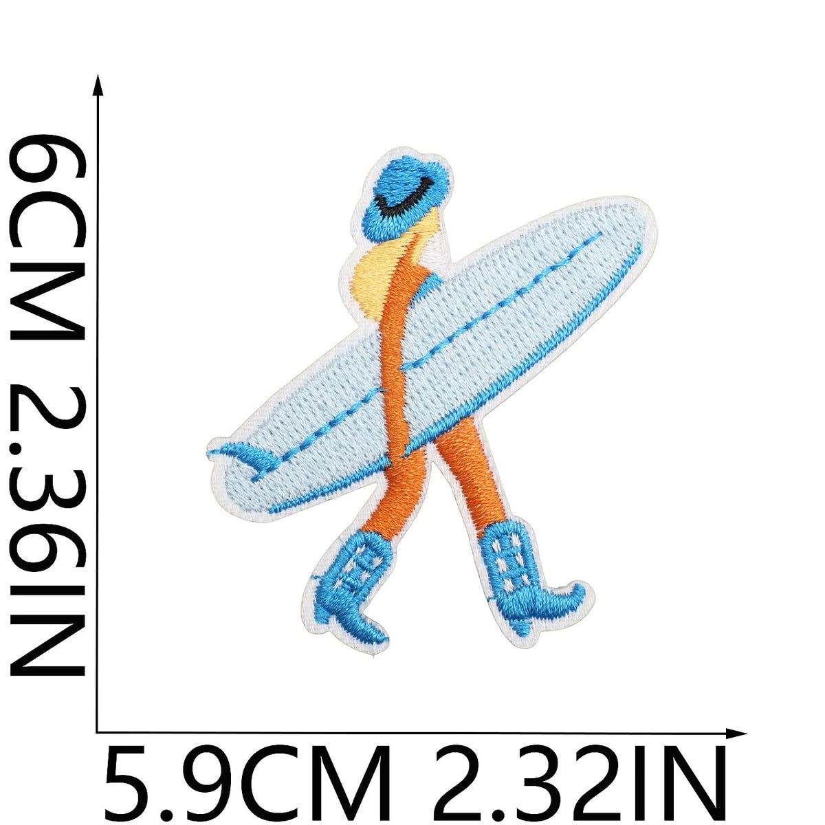 Embroidered patch of a girl surfer cowgirl coastal western with a surfboard, shown with dimensions on a white background.