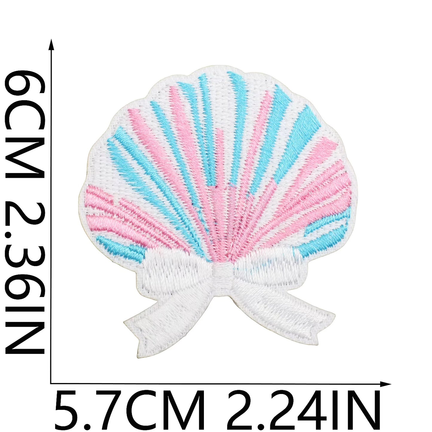 Seashell-shaped patch with a bow, measurements indicated on the left. coastal cowgirl