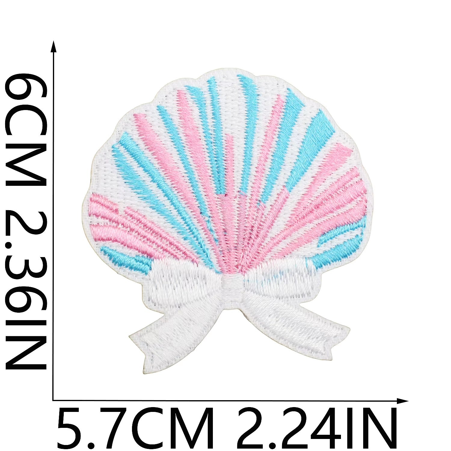 Seashell-shaped patch with a bow, measurements indicated on the left. coastal cowgirl