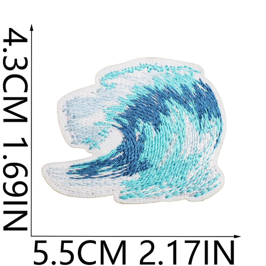 Blue and white wave-shaped object with measurements on a white background cowgirl coastal western