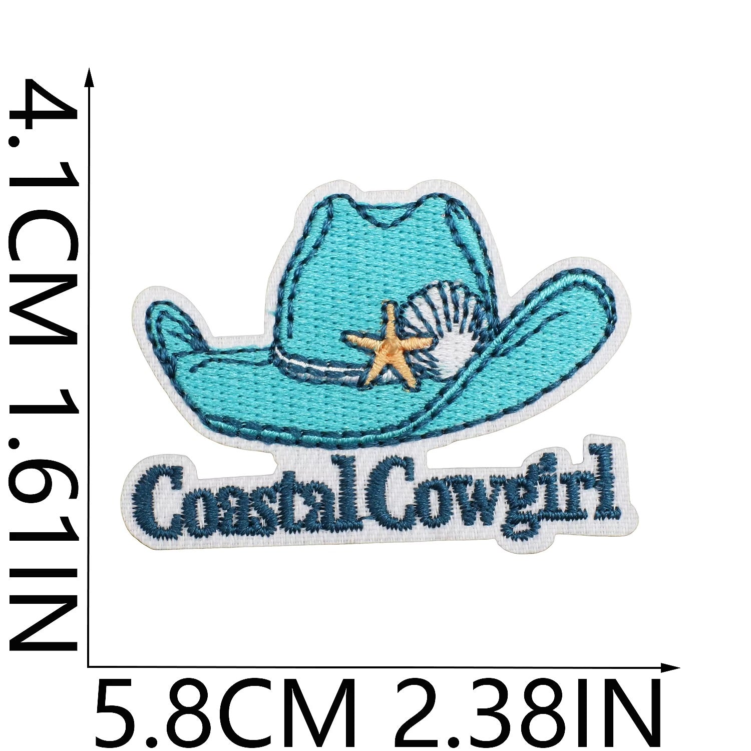 Patch of a turquoise cowboy hat with starfish and shell, labeled 'Coastal Cowgirl', with measurements on a white background. western