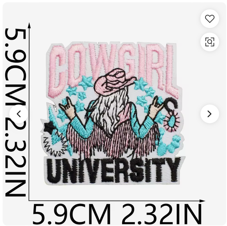 Embroidered patch with 'Cowgirl University' text and graphics on a white background