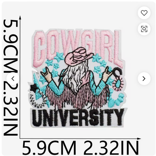 Embroidered patch with 'Cowgirl University' text and graphics on a white background