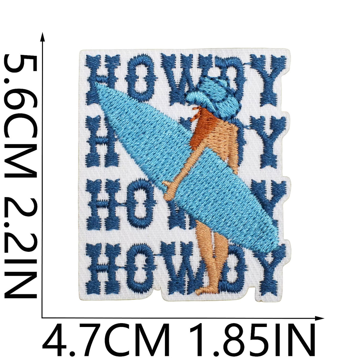 Embroidered patch with a surfer holding a surfboard and 'HOWDY' text, with measurements indicated. surfer coastal cowgirl