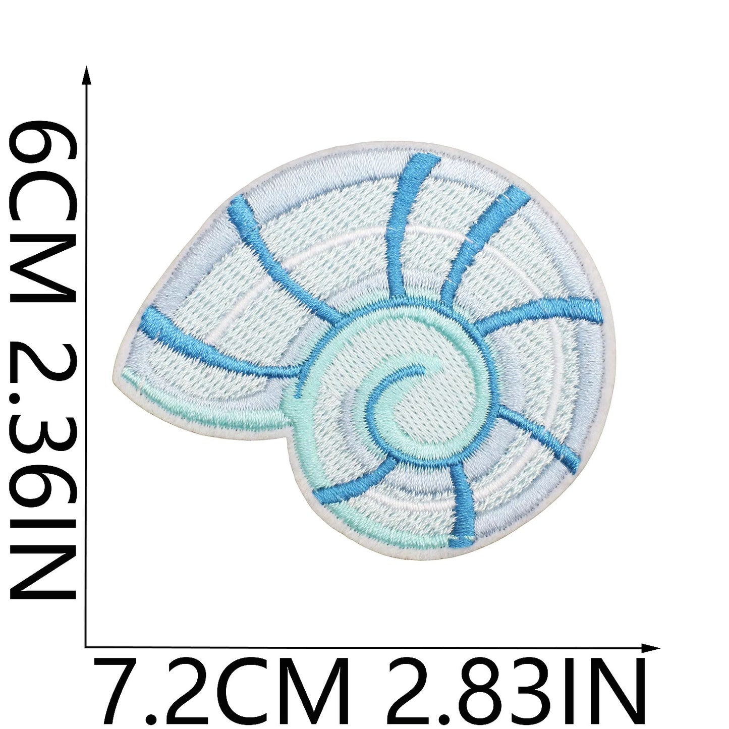 Shell-shaped patch with blue and white design, shown with measurements on a white background. western coastal cowgirl