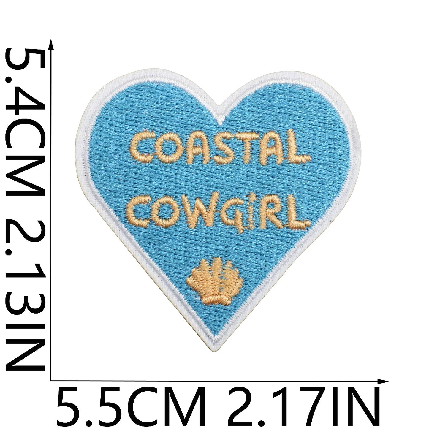 Heart-shaped patch with 'Coastal Cowgirl' text and a shell design, shown with measurements. western