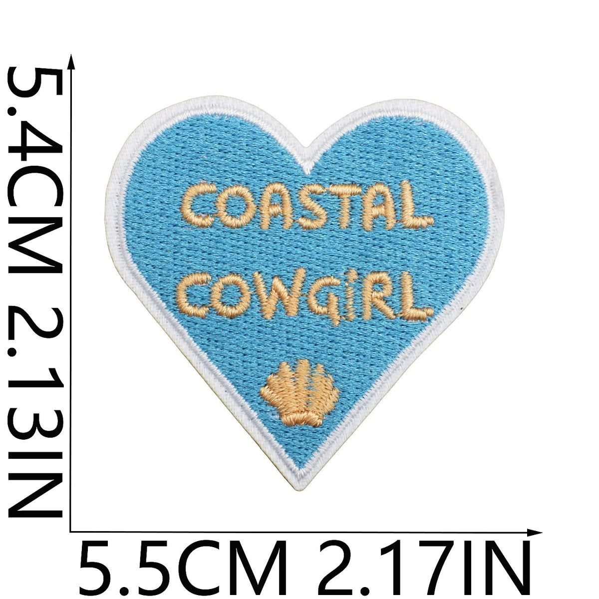 Heart-shaped patch with 'Coastal Cowgirl' text and a shell design, shown with measurements. western