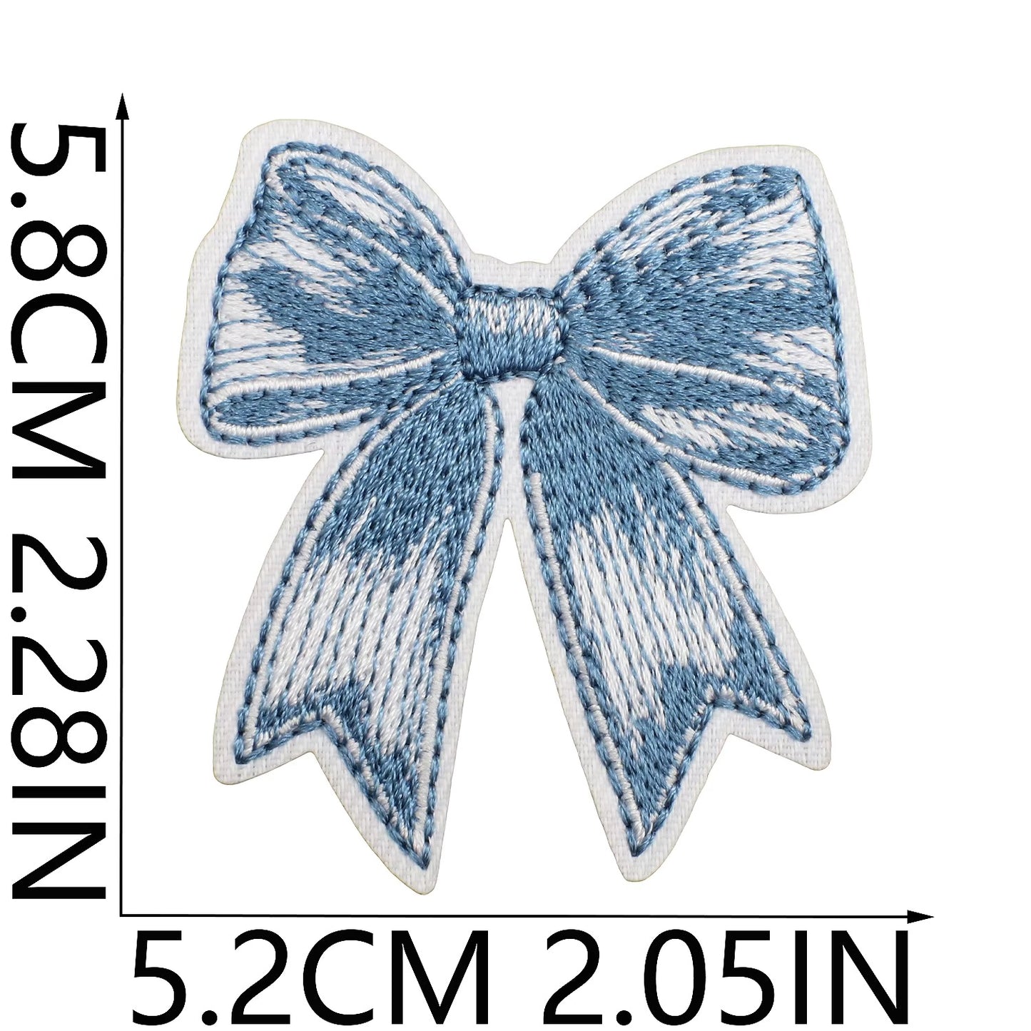 Blue bow-shaped patch with measurements on a white background coastal cowgirl western