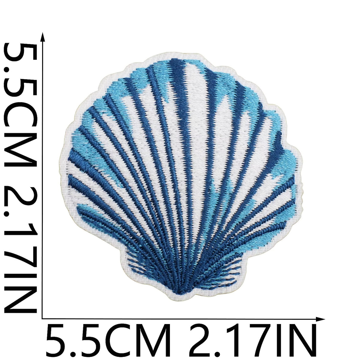 Blue and white shell-shaped patch with measurements on a white background coastal cowgirl western
