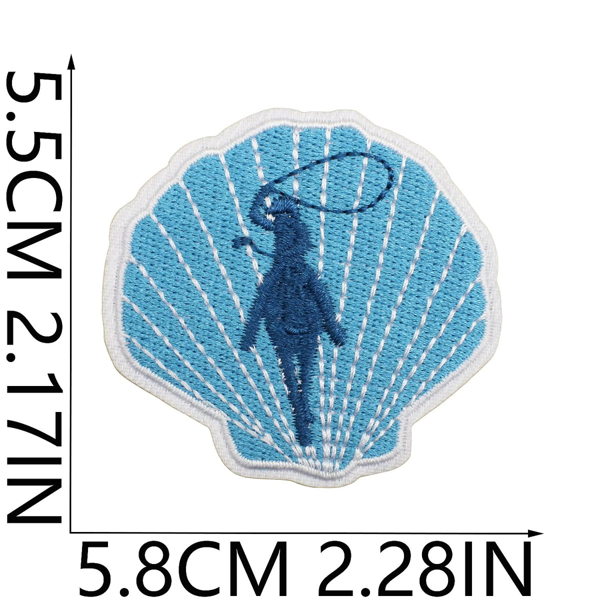 Seashell-shaped patch with a blue silhouette of a person and measurements on a white background coastal cowgirl western