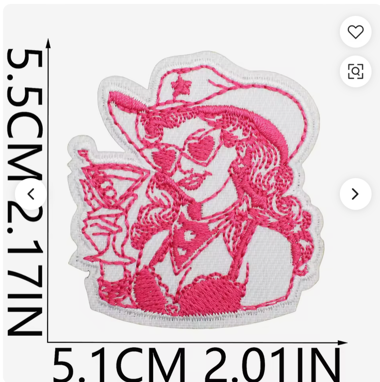 Pink and white embroidered patch of a person wearing a cowboy hat with measurements on a white background western