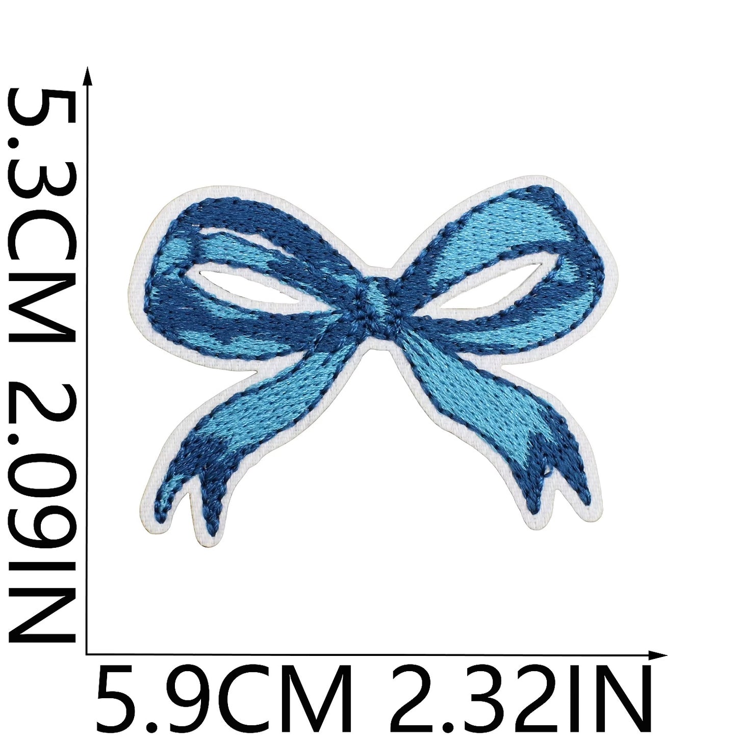 Blue bow-shaped patch with measurements on a white background coastal cowgirl western