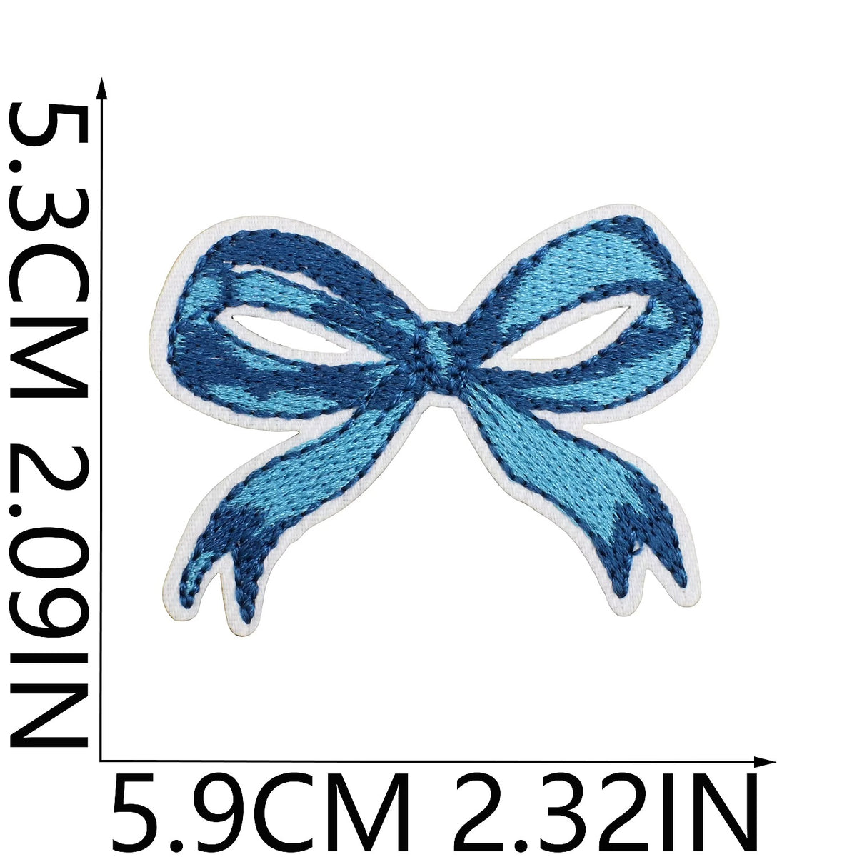 Blue bow-shaped patch with measurements on a white background coastal cowgirl western