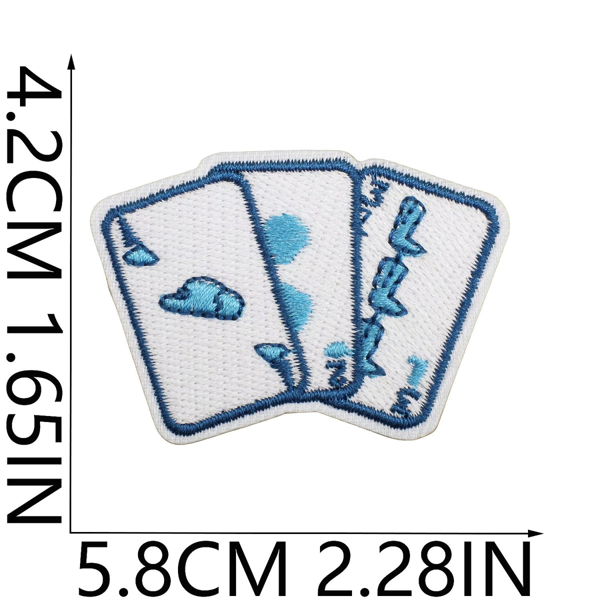 Two playing card patches with blue symbols on a white background, with measurements indicated. western coastal cowgirl