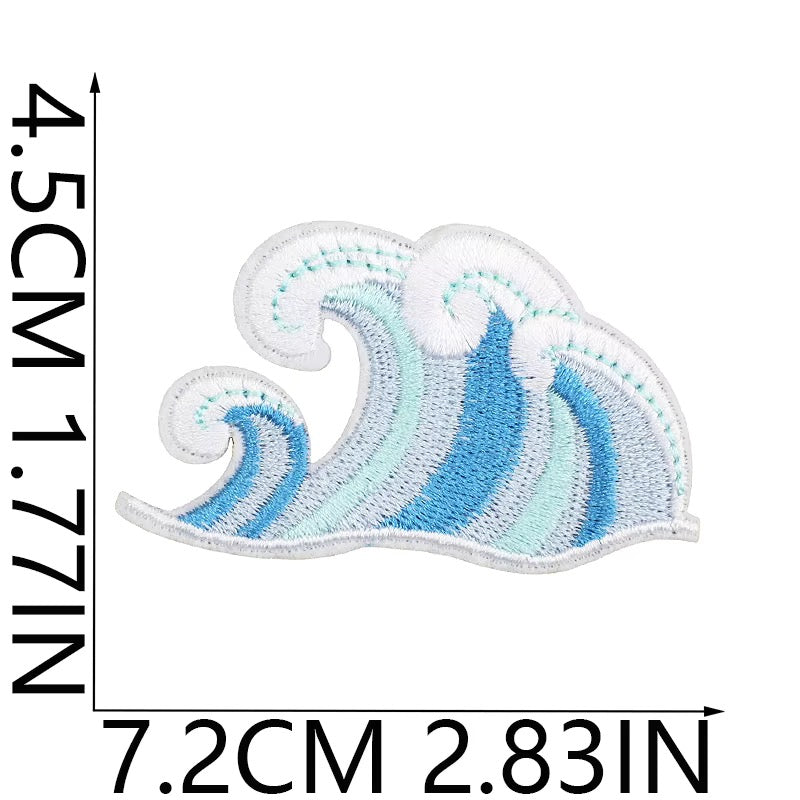 Wave-shaped patch with measurements on a white background wave coastal cowgirl western