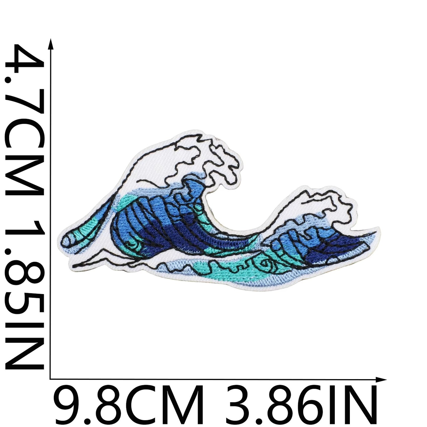 Wave-shaped patch with measurements on a white background coastal cowgirl western