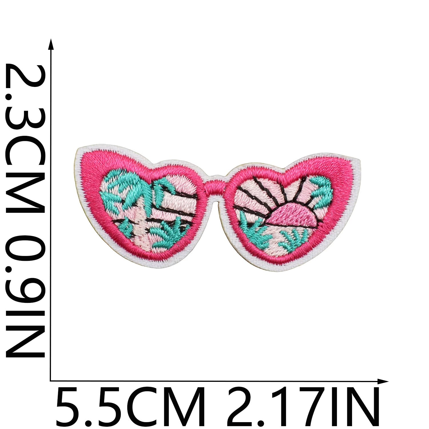 Embroidered patch of sunglasses with floral design, shown with measurements on a white background.